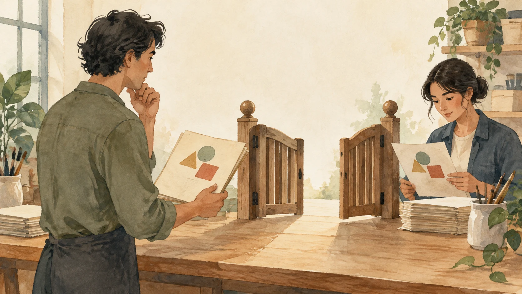 Two colleagues pause at a small wooden gate to review pages before passing work onward.