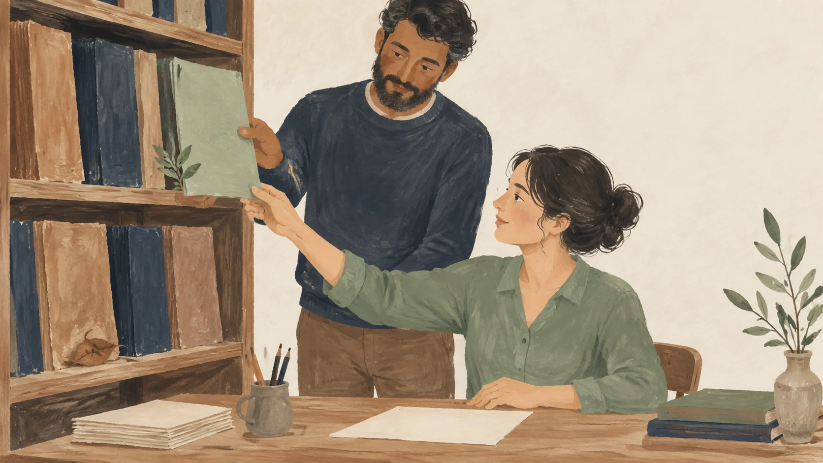 Two colleagues select a volume from a library shelf, illustrating responsibility for a knowledge source.
