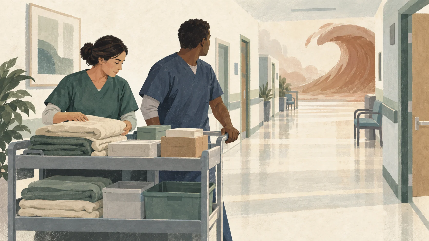 Hospital staff prepare linen and supplies while a symbolic wave represents a possible rise in demand.