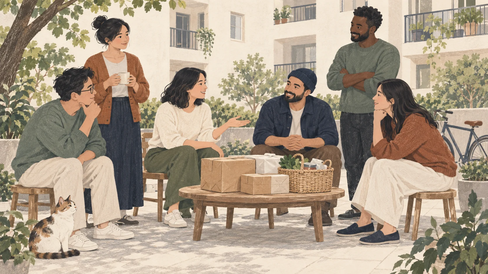 Apartment residents discuss parcels and a grocery basket together in a courtyard.