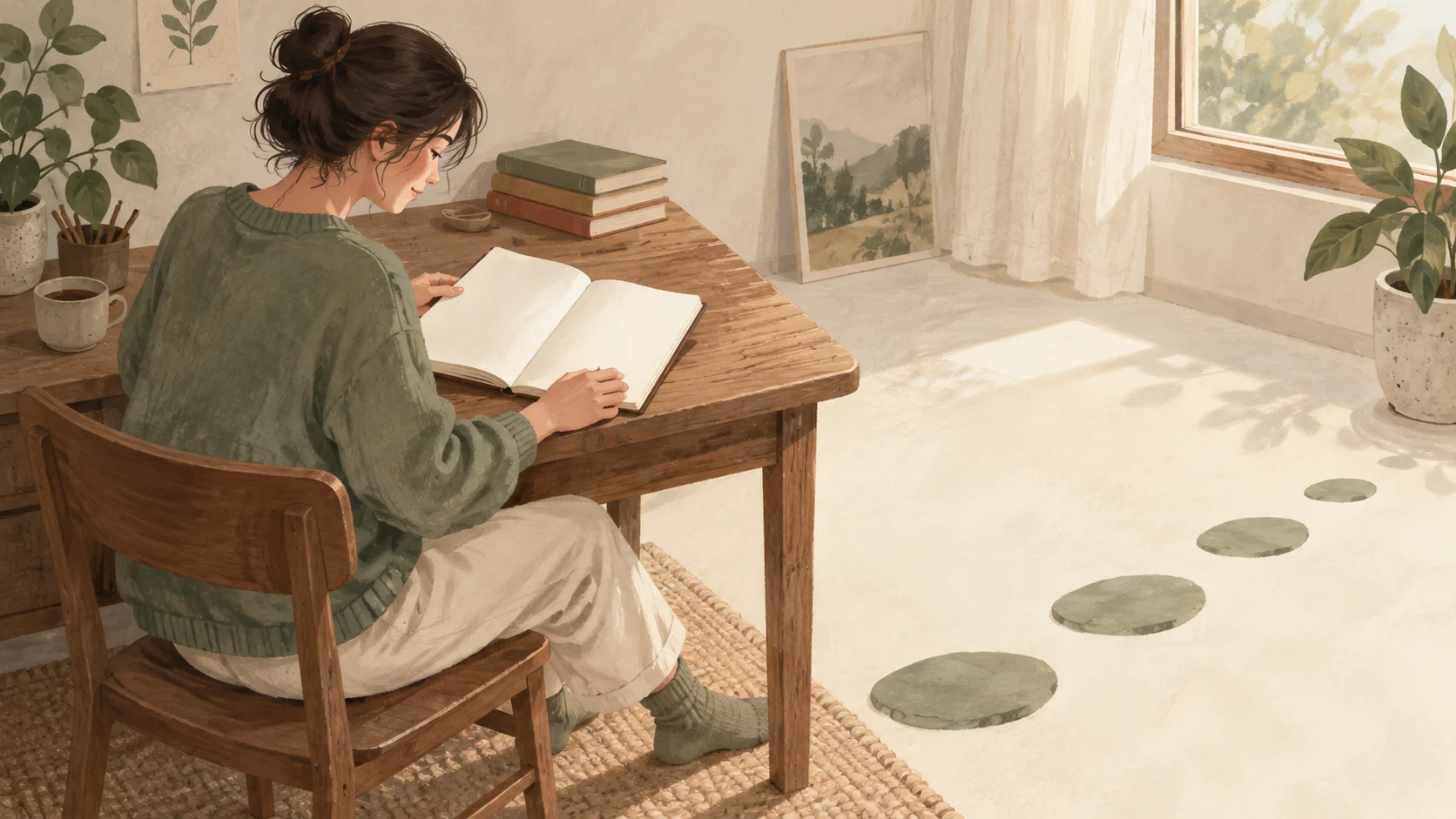 A learner opens a notebook beside a path of stepping stones, illustrating a manageable return to practice.