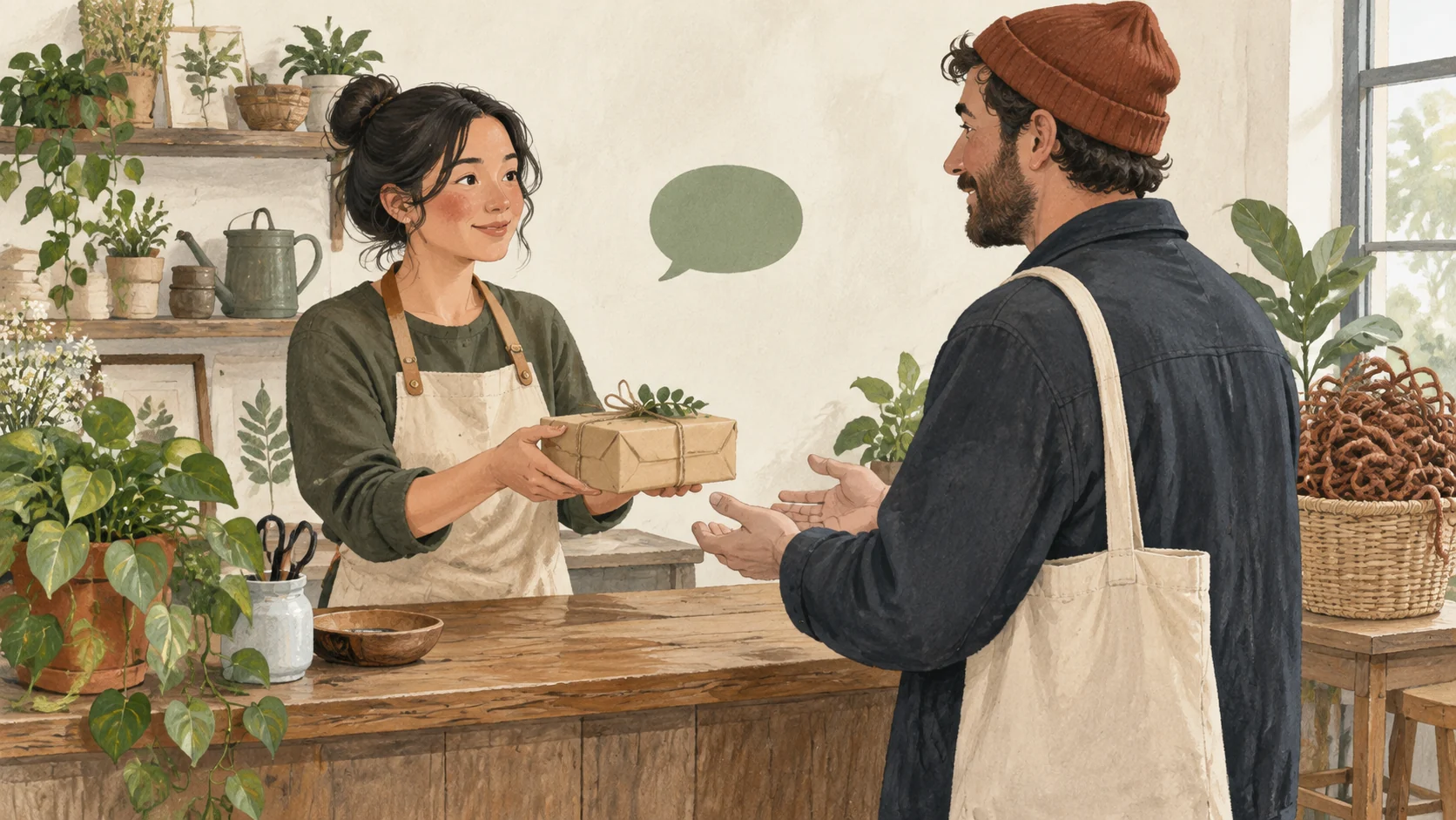 A shopkeeper hands a parcel to a customer with a blank speech bubble between them.