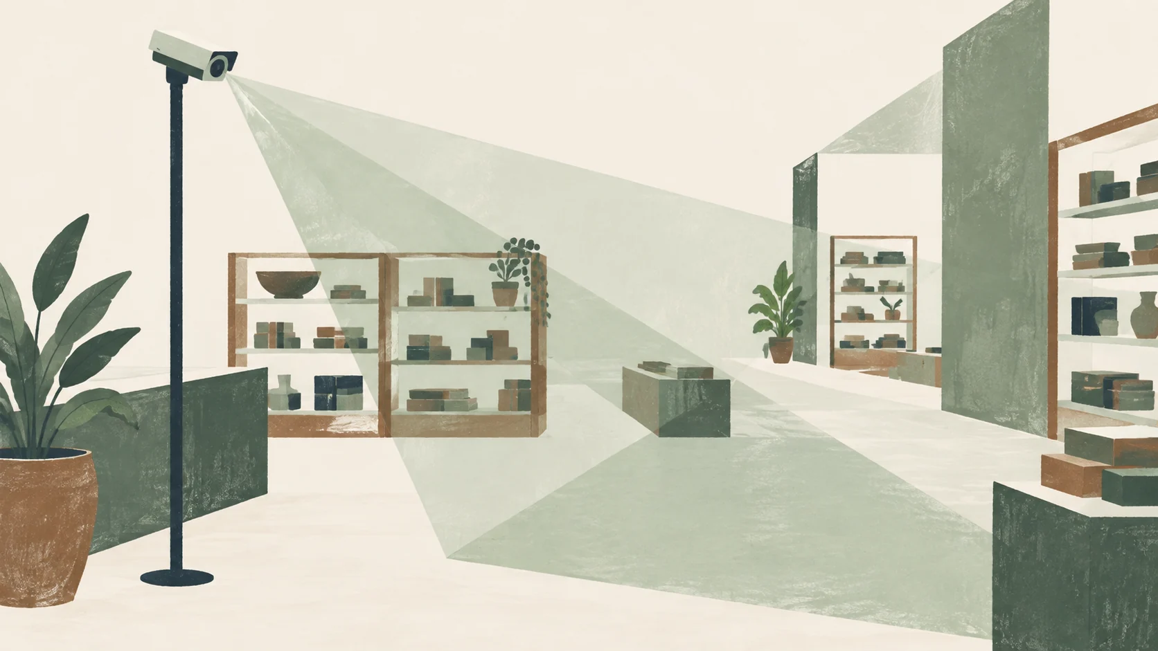 A store camera casts a pale green field across shelves, illustrating footage as a starting point for operational decisions.