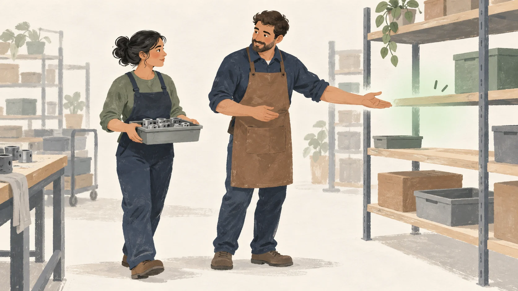 Two frontline colleagues discuss where to place a tray while a shelf is softly highlighted.