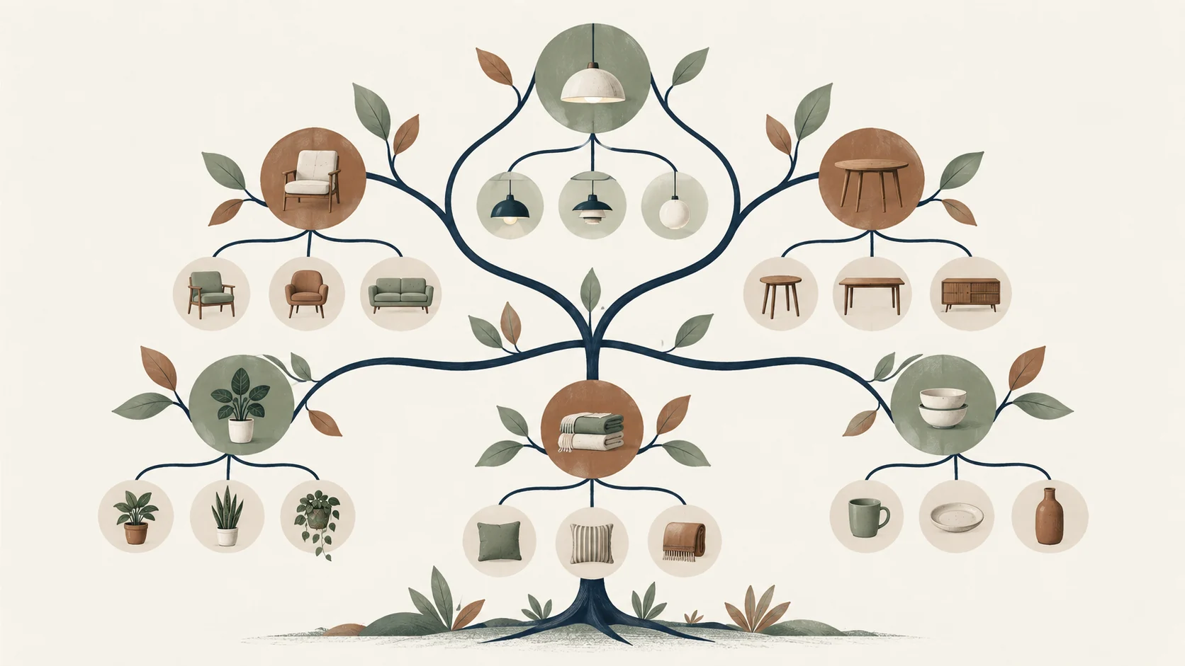 A branching tree groups household products into related categories, illustrating a product ontology.