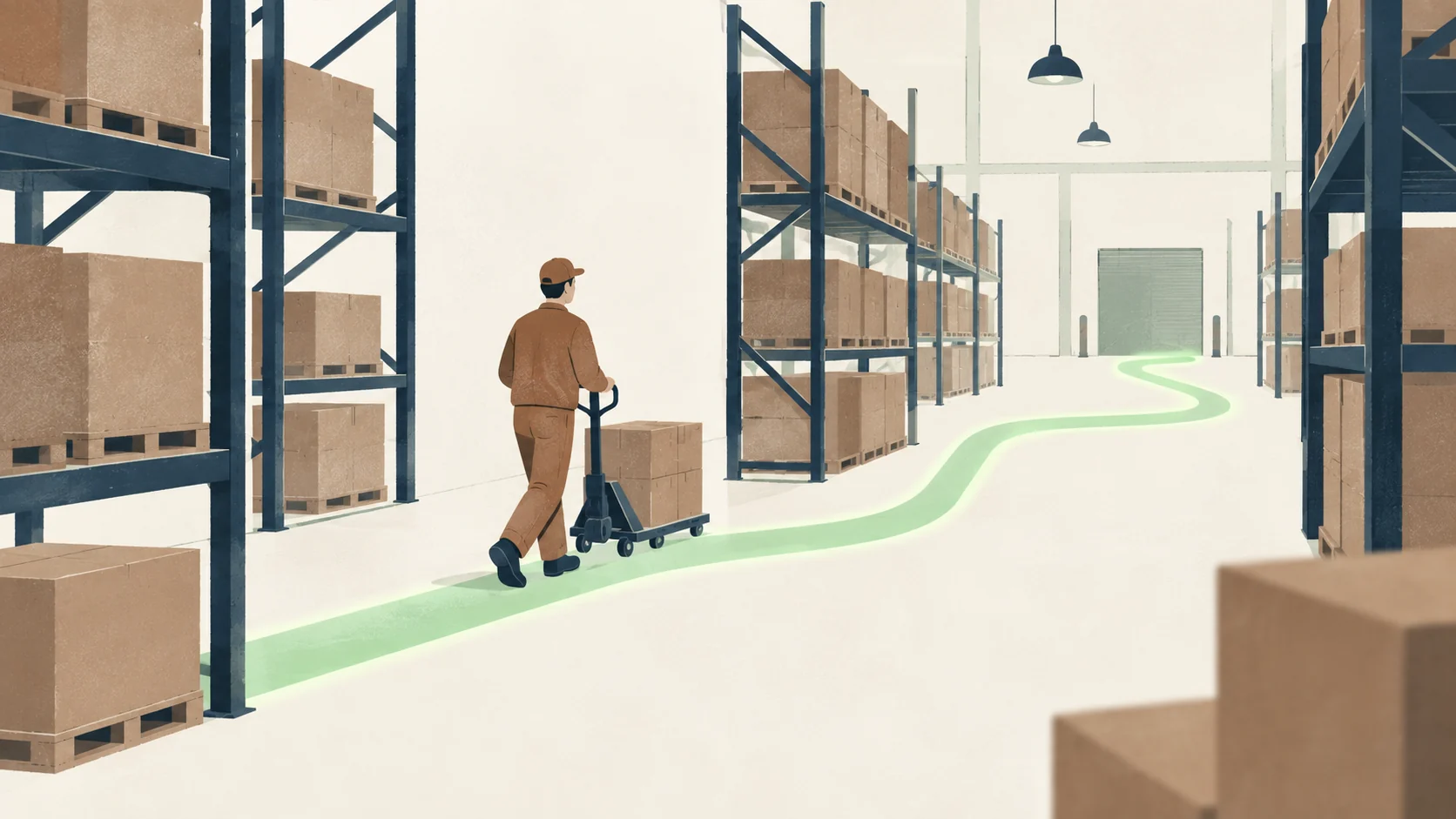 A warehouse worker moves a trolley beside an illuminated path, illustrating timely guidance during a task.