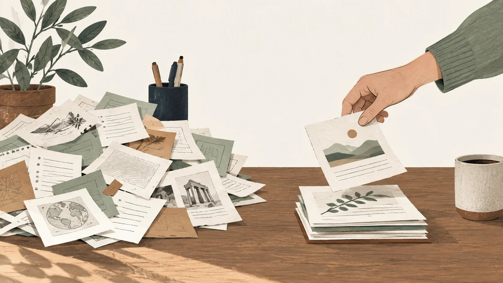 A hand selects one illustrated page from a scattered pile, illustrating human-reviewed knowledge curation.