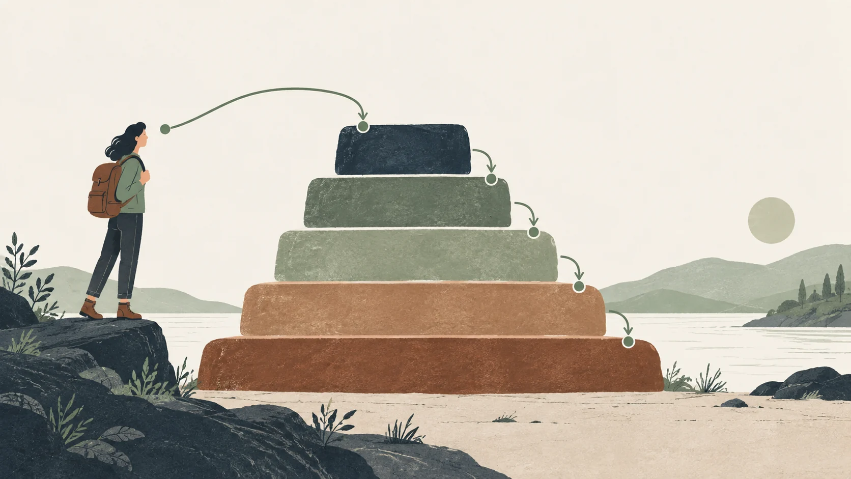 Five stacked stone tiers and descending arrows illustrate ordered fallback options for an AI workload.