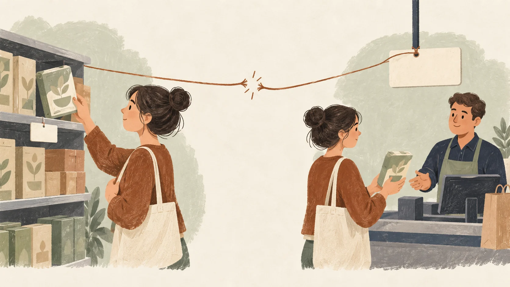 A shopper takes an item from a shelf, then speaks to a cashier; a broken thread joins two blank price tags.