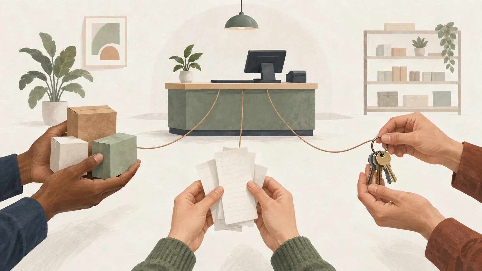 Hands hold product blocks, receipts and keys connected by threads to a checkout, symbolizing distinct data owners.